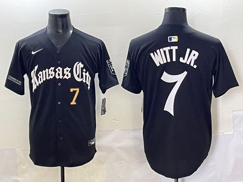 Men 2025 Kansas City Royals #7 Witt jr Black Five generations Joint Name Nike MLB Jersey style 5